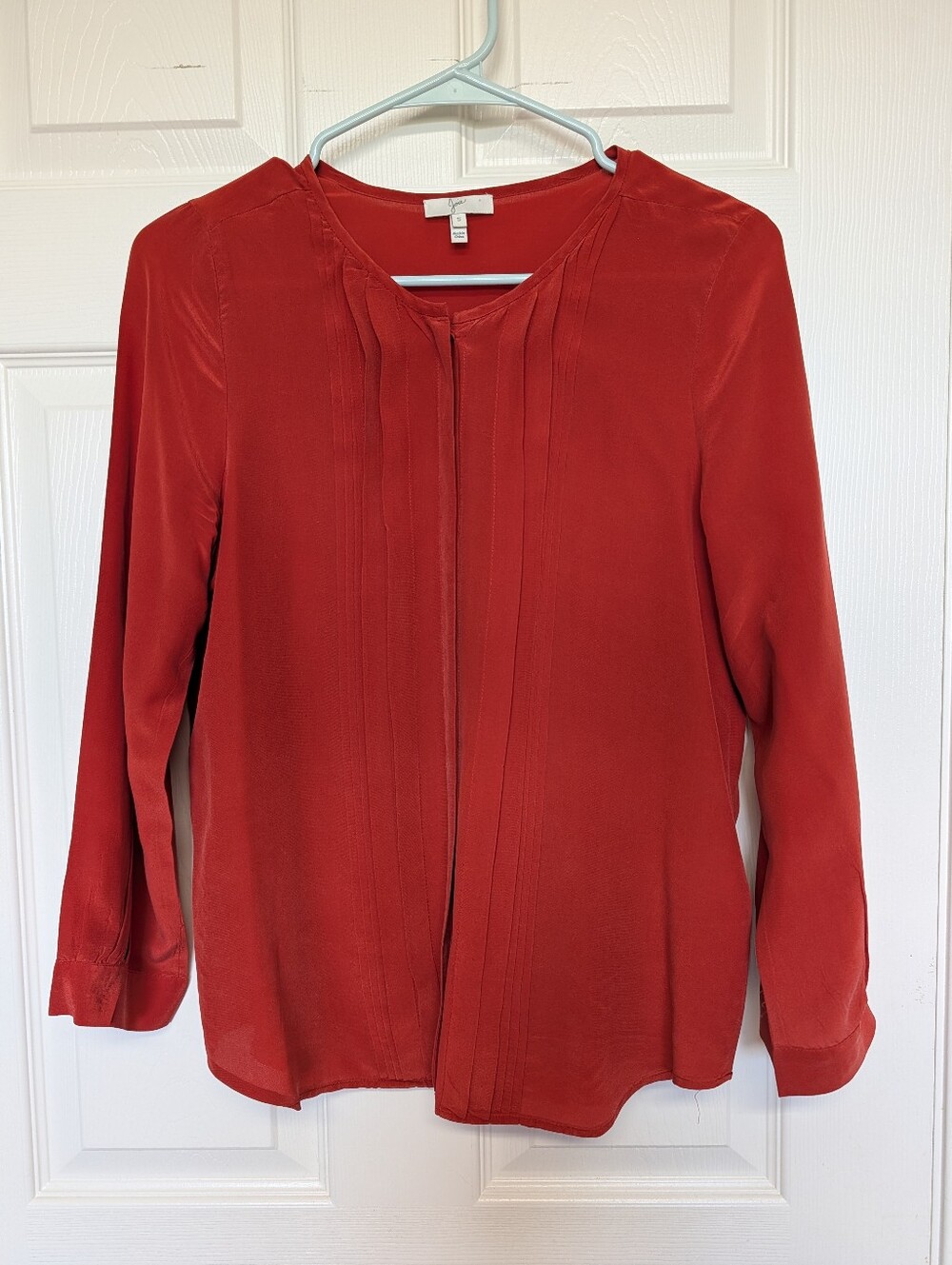 Joie Womens S Burnt Orange 100% Silk Pleated 3/4 Sleeve Blouse Button Up Shirt